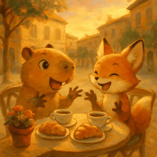 Orso the capybara laughing with a friend over coffee