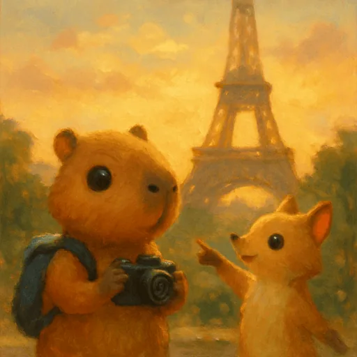 Orso the capybara photographing the Eiffel Tower